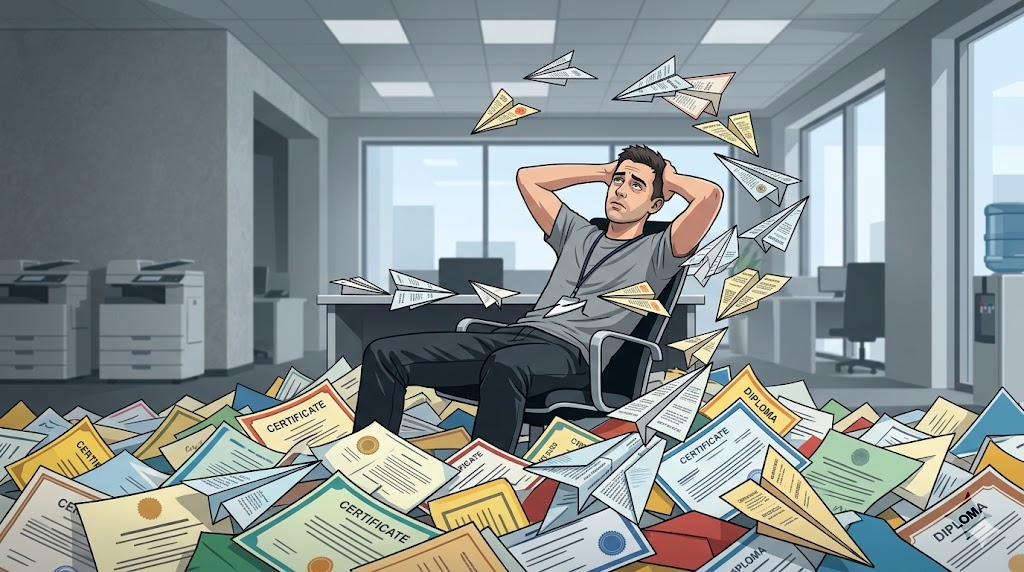 Hombre sentado en una silla con papeles y aviones de papel alrededor.