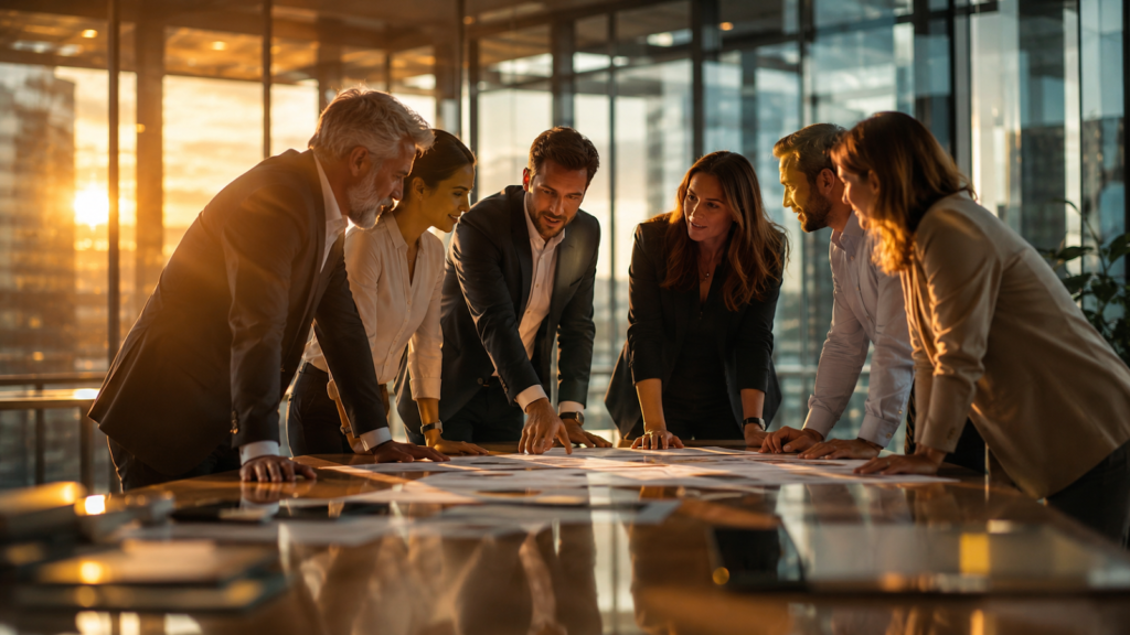 Grupo de profesionales colaborando en una mesa de trabajo