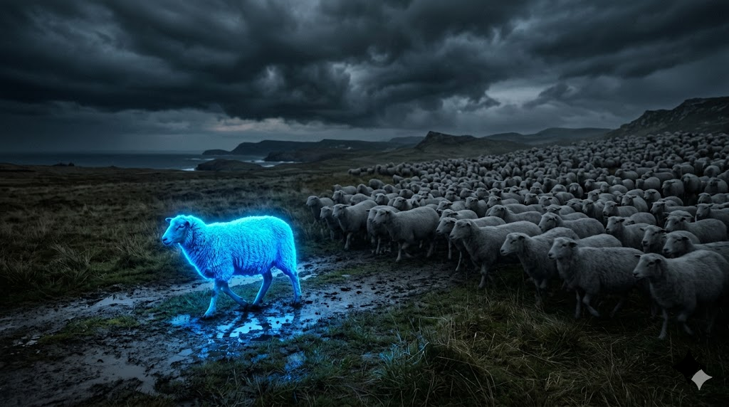 Oveja azul caminando entre un rebaño de ovejas grises bajo un cielo nublado