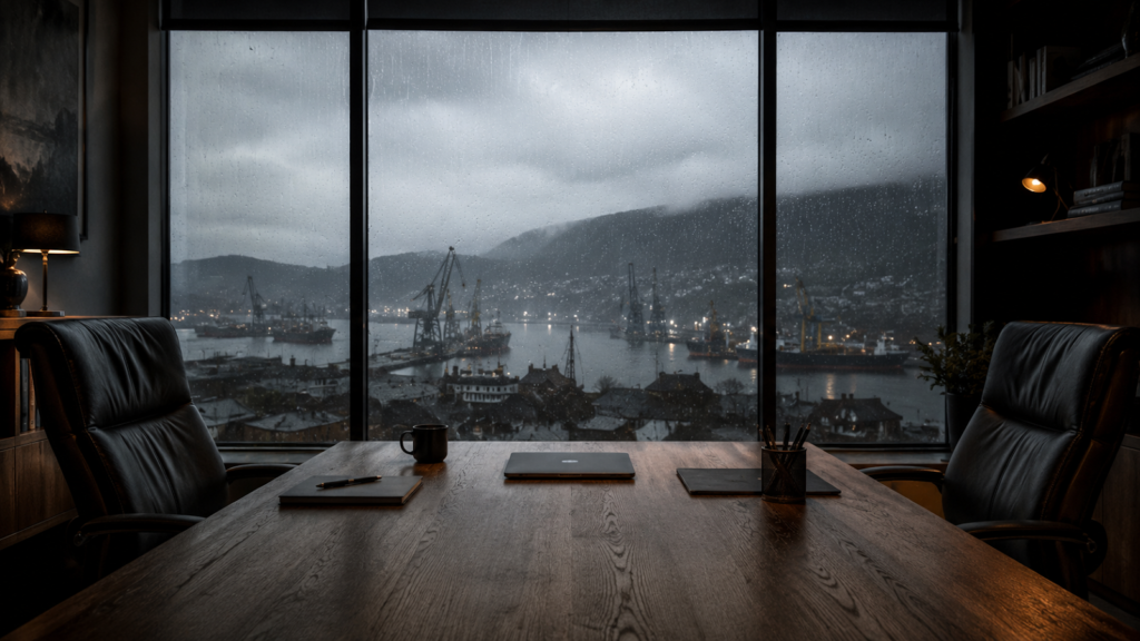 Oficina con mesa de madera, portátil y vista de un puerto lluvioso.