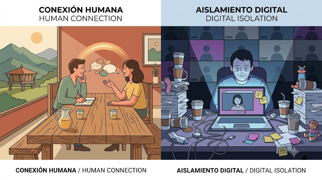 Contraste entre conexión humana y aislamiento digital.