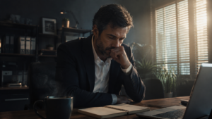 Hombre de negocios reflexionando en su escritorio
