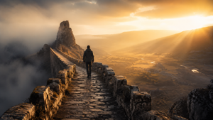 Persona caminando por un camino de piedra en una montaña