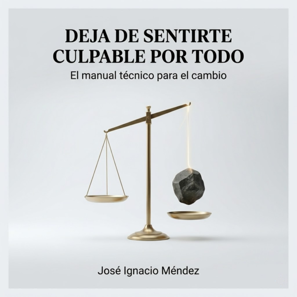 Balanza dorada con piedra en un lado y plato vacío en el otro lado.. Libros de coaching | José Ignacio Méndez