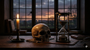 Calavera, reloj de arena, vela y libros en una mesa con una ventana al fondo.