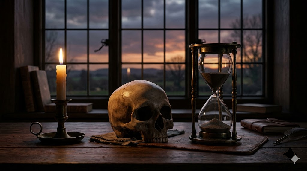 Calavera, reloj de arena, vela y libros en una mesa con una ventana al fondo.