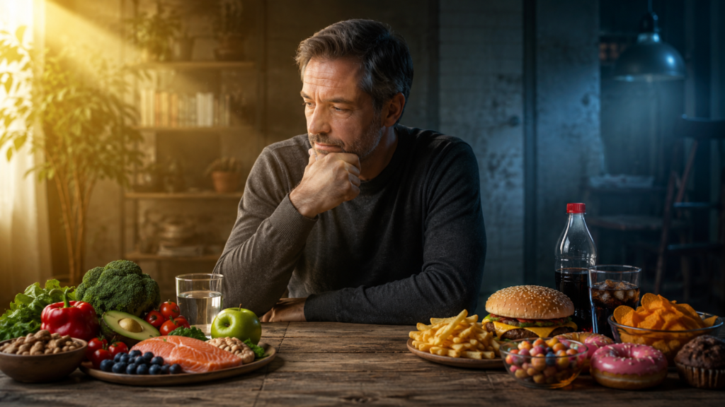 Hombre evaluando opciones de alimentos saludables y comida rápida en una mesa.