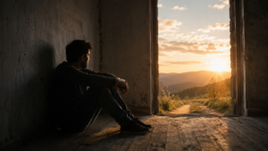 Hombre sentado en el suelo mirando un atardecer entre montañas.