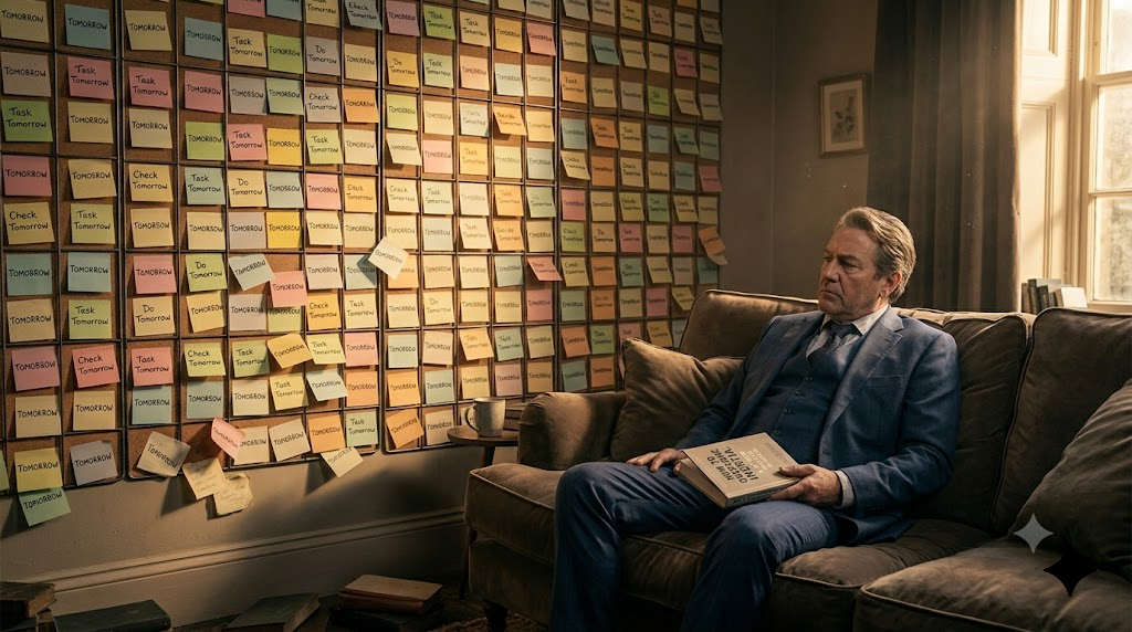 Hombre sentado en sofá con un libro, frente a una pared de notas adhesivas.