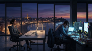 Mujer sentada en un escritorio y hombre trabajando en su computadora en una oficina nocturna con vista a la ciudad.