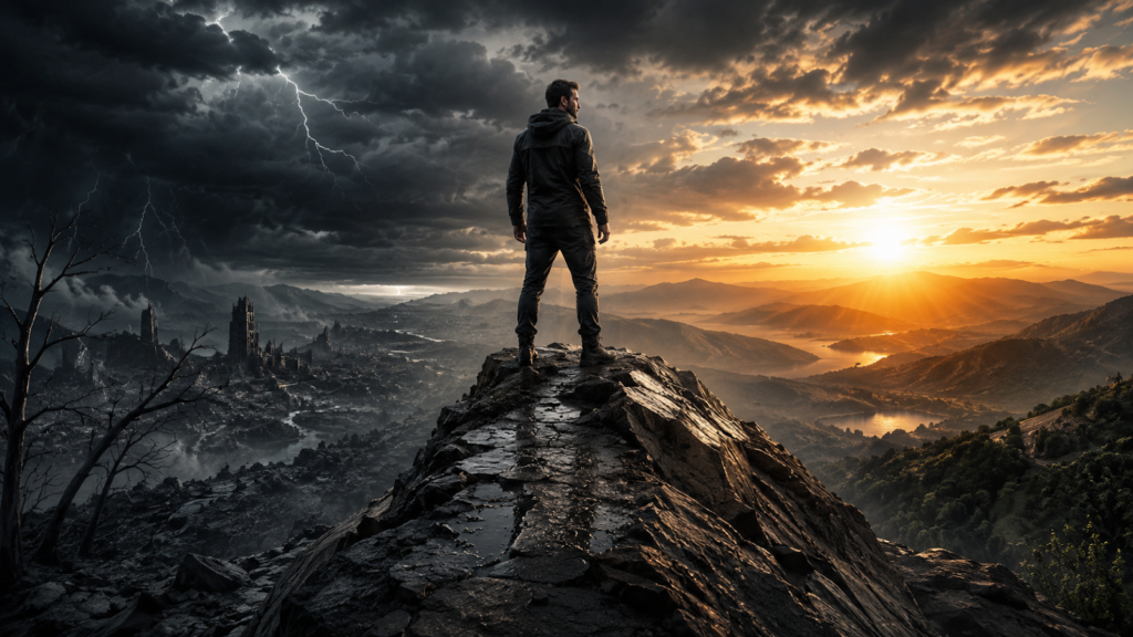 Hombre de espaldas en un peñasco, con un paisaje montañoso y oscuro al atardecer.
