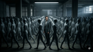 Hombre de pie en medio de maniquíes grises en un entorno oscuro.