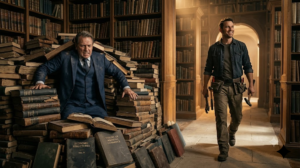 Hombre atrapado en libros y otro hombre con herramientas en una biblioteca.