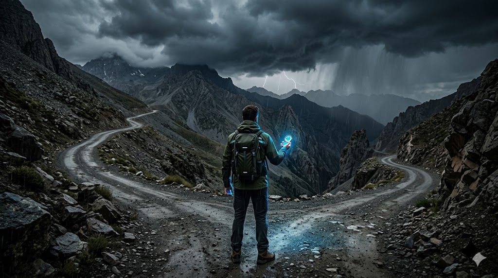 Hombre de espaldas en un camino montañoso, sosteniendo un objeto brillante, bajo un cielo tormentoso.