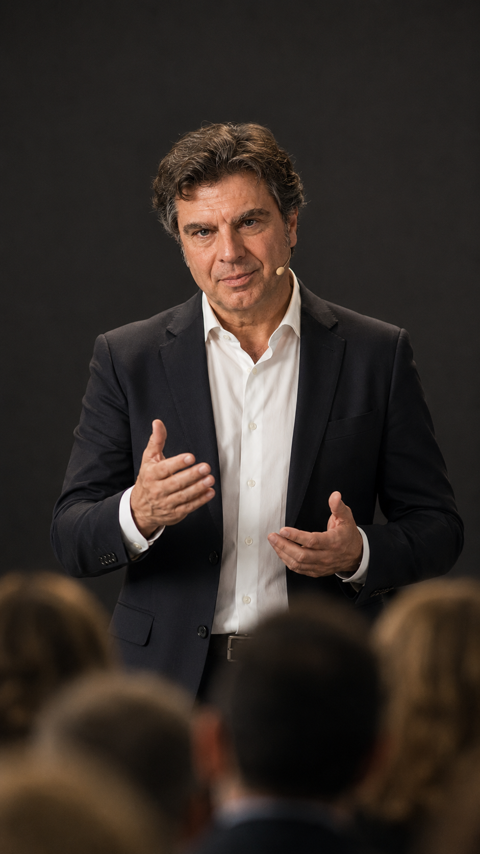 Hombre en traje negro hablando a una audiencia.. Curso coaching en asturias