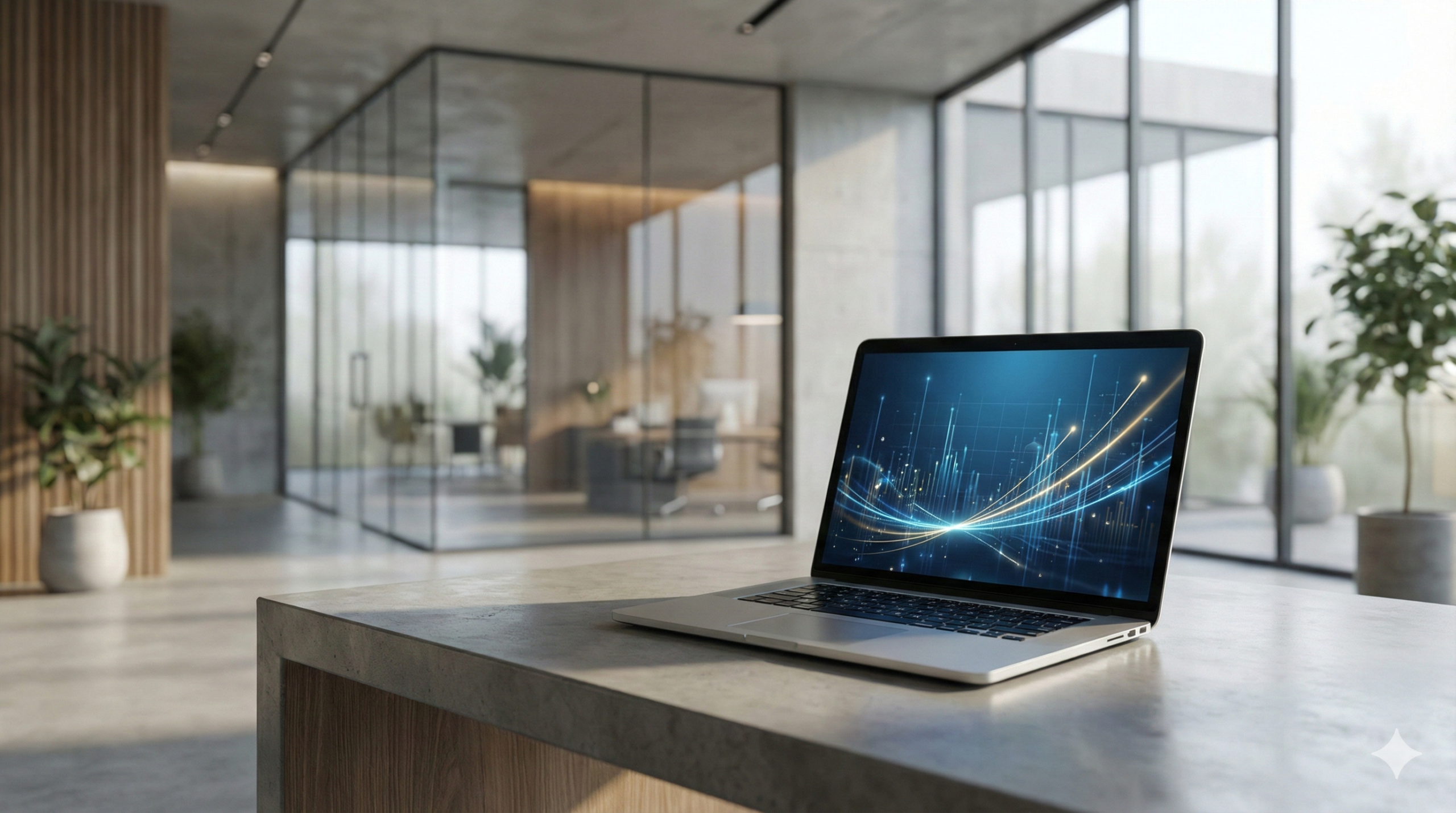 Laptop plateado sobre una mesa en una oficina moderna con gráficos en la pantalla.