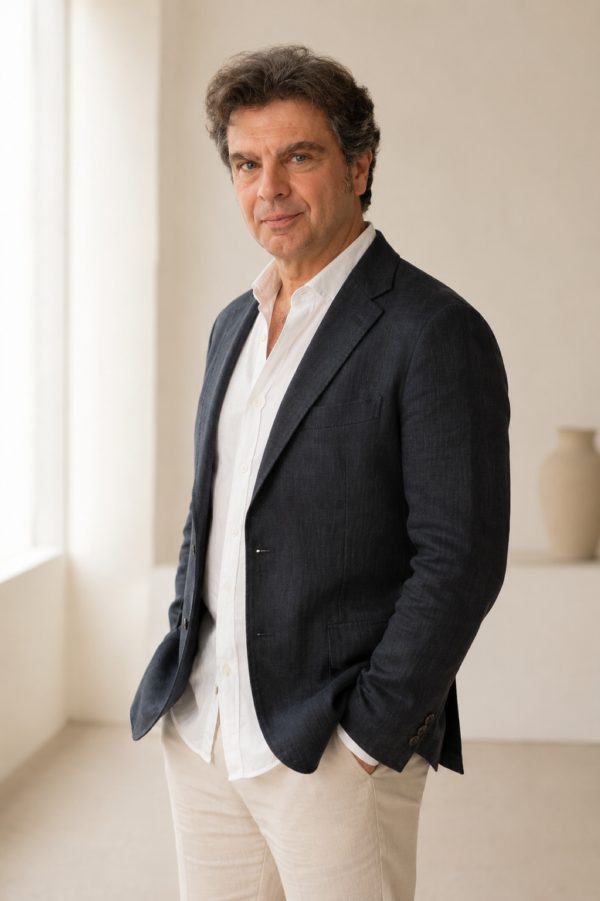 Hombre con blazer oscuro y camisa blanca en un entorno luminoso. José Ignacio Méndez, coach en Asturias