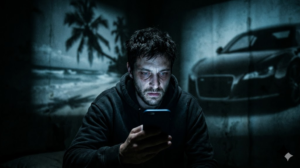 Hombre concentrado en su teléfono con imágenes proyectadas detrás.
