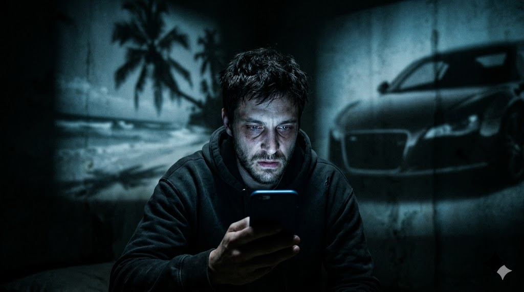 Hombre concentrado en su teléfono con imágenes proyectadas detrás.