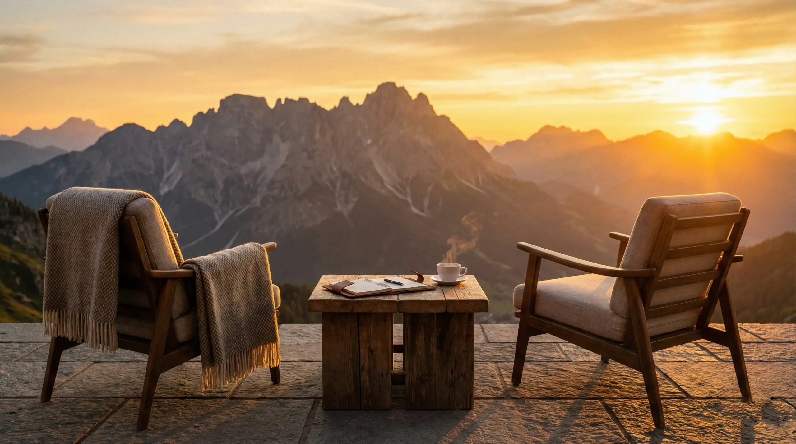 Sillas de madera y una mesa con café en un paisaje montañoso al atardecer.