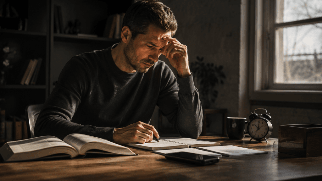 Persona reflexionando sobre la diferencia entre ansiedad, miedo, falta de preparación y procrastinación ante una tarea pendiente.