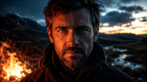 Hombre con cabello oscuro y barba frente a un fuego en un paisaje montañoso.