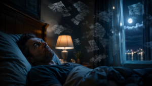 Hombre acostado en la cama con hojas de papel flotando encima