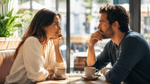 Pareja conversando en silencio mientras expresa emociones mediante la mirada y el lenguaje corporal en una escena de comunicación invisible.