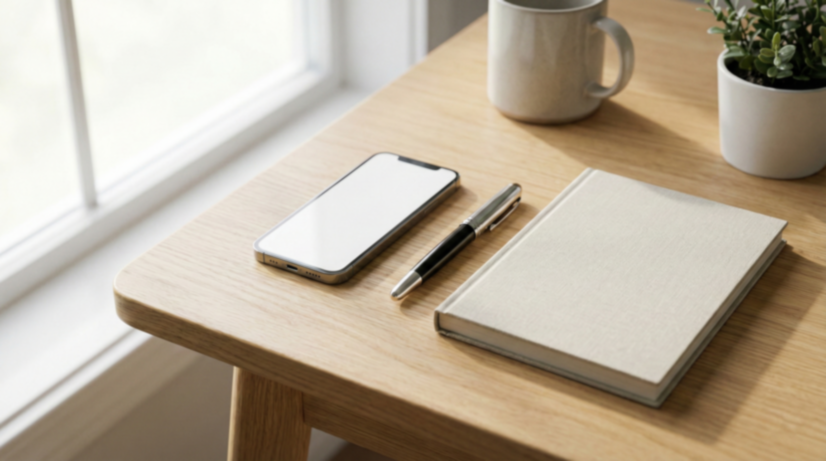 Teléfono, bolígrafo, cuaderno y taza sobre un escritorio de madera