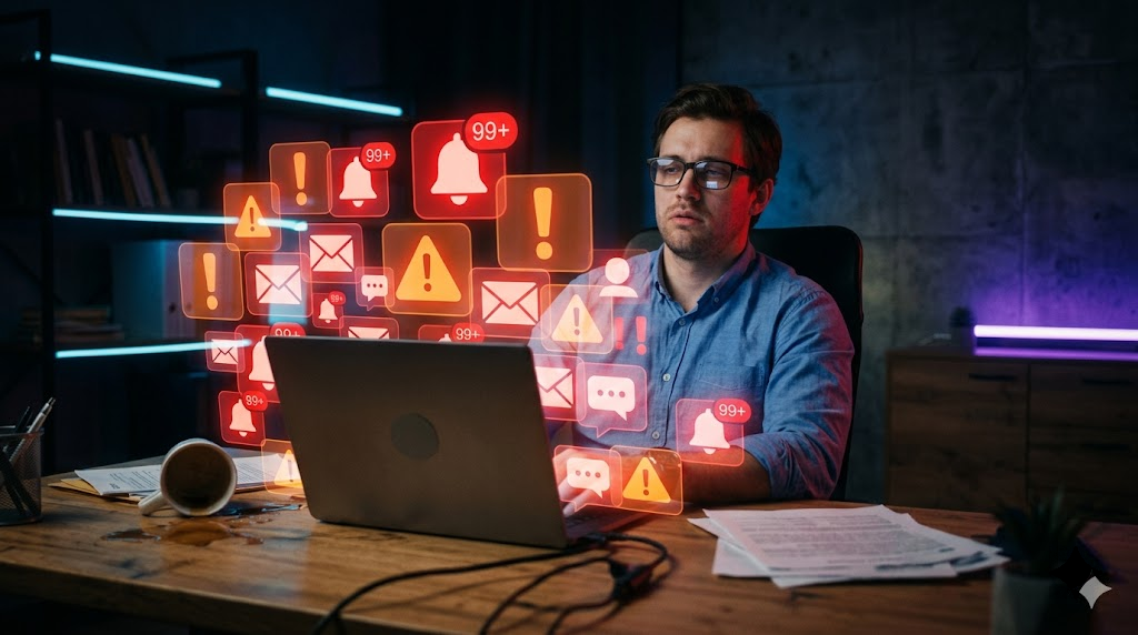 Hombre frente a un portátil con íconos de notificación flotando alrededor.