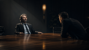 Dos hombres en una reunión en una oficina oscura.