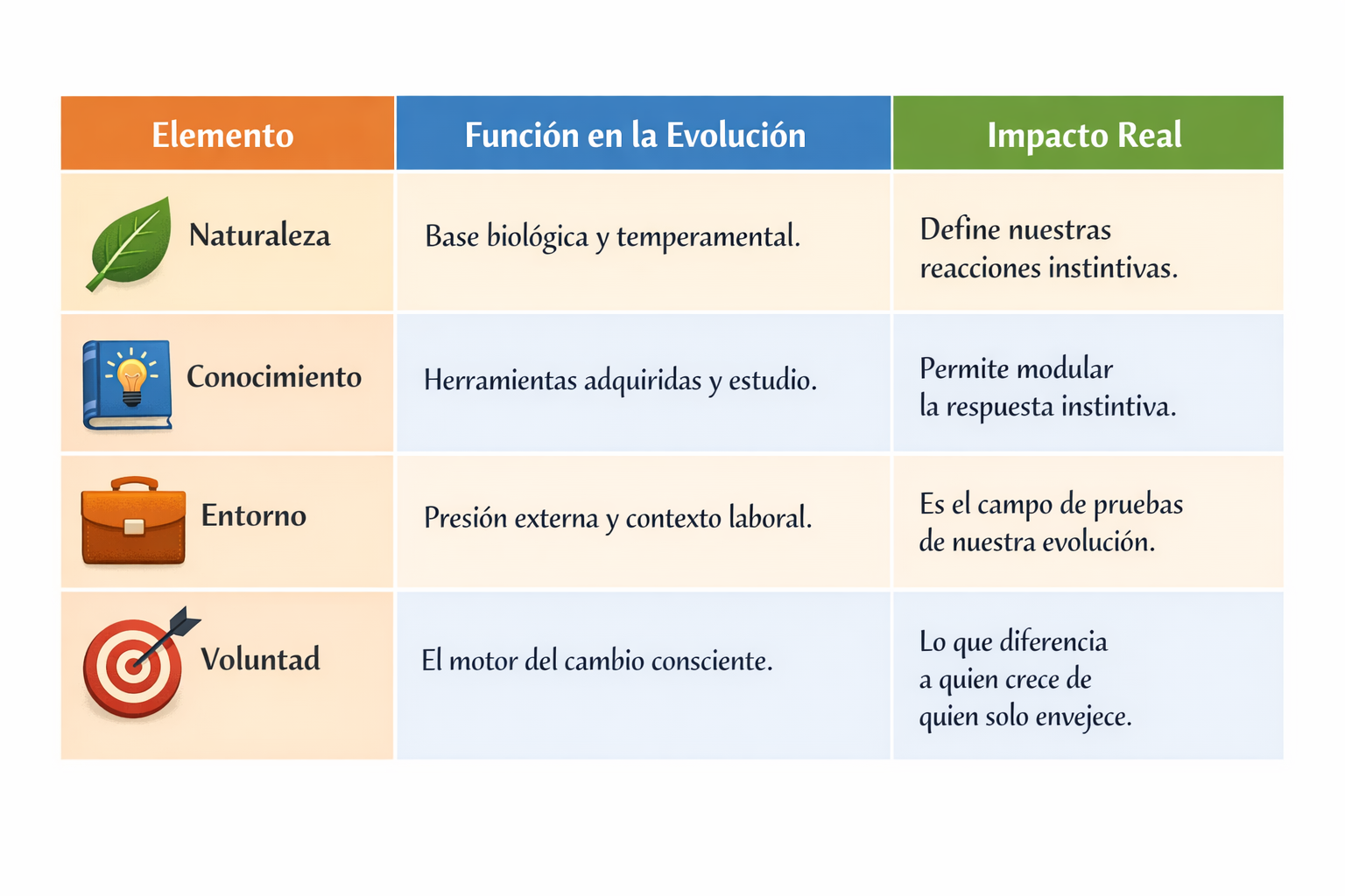 Diagrama de los elementos de la evolución personal: naturaleza, conocimiento, entorno y voluntad con sus funciones e impacto Diagrama de los elementos de la evolución personal: naturaleza, conocimiento, entorno y voluntad con sus funciones e impacto