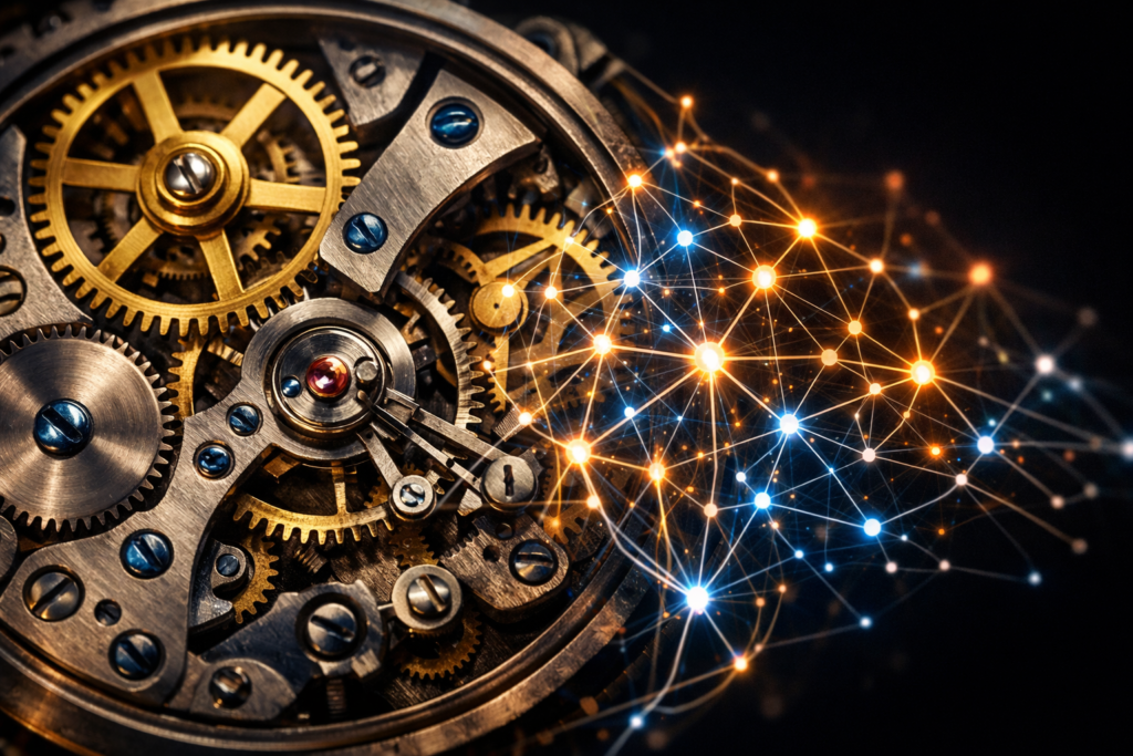 Mecanismo de reloj con engranajes dorados y plateados, acompañado de un diseño de red de nodos iluminados.