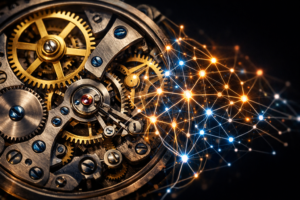 Mecanismo de reloj con engranajes dorados y plateados, acompañado de un diseño de red de nodos iluminados.