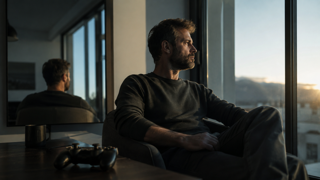 Hombre reflexionando sobre la muerte, Dios y las decisiones de su vida ante una ventana al amanecer