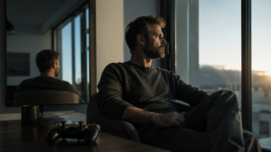 Hombre reflexionando sobre la muerte, Dios y las decisiones de su vida ante una ventana al amanecer