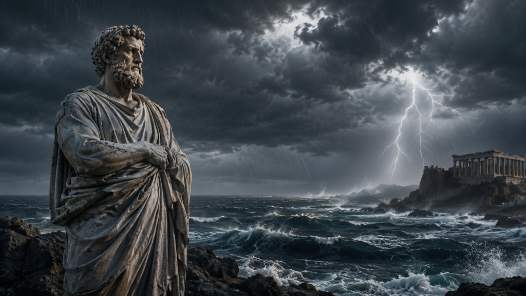 Estatua clásica con toga frente a un mar agitado y un cielo tormentoso.