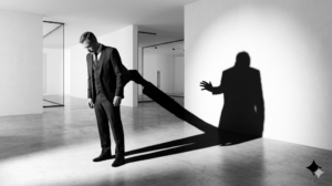 Hombre de traje con una sombra que tiene un brazo extendido