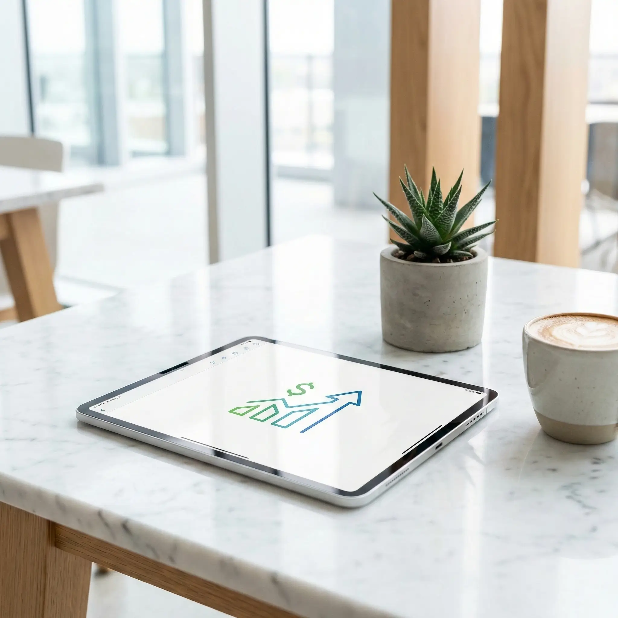 Tablet con gráfico de crecimiento y planta en el fondo.