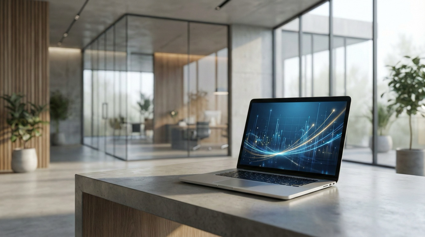 Laptop sobre mesa con gráficos en la pantalla