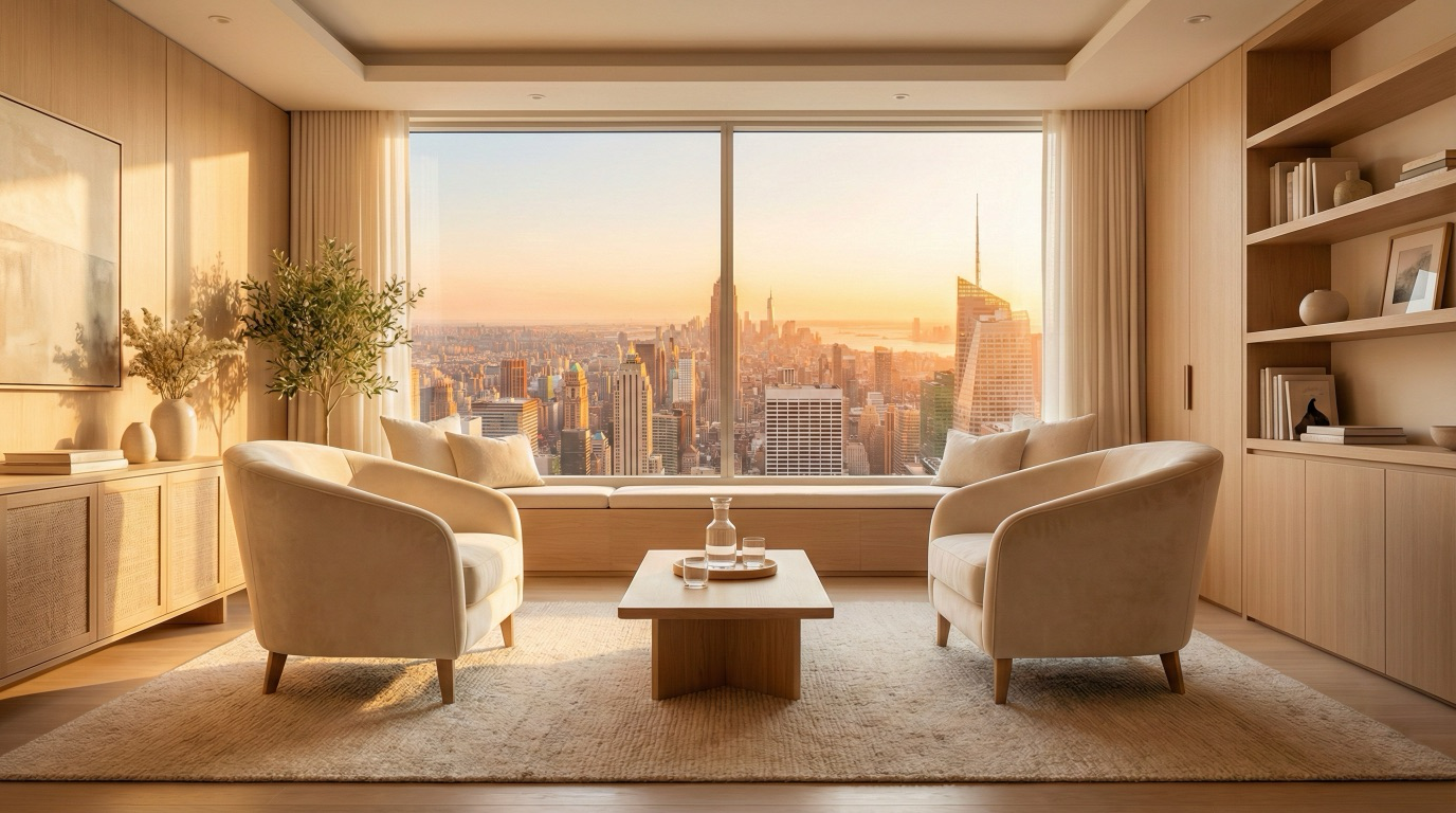 Sala contemporánea con sillones y vista a la ciudad al atardecer.