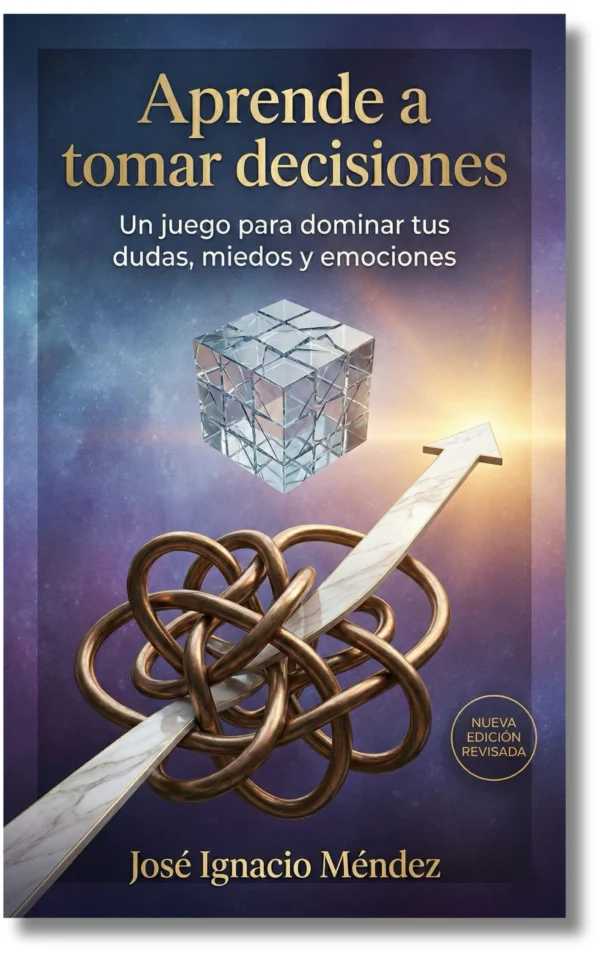 Portada del libro con diseño abstracto y texto sobre decisiones.