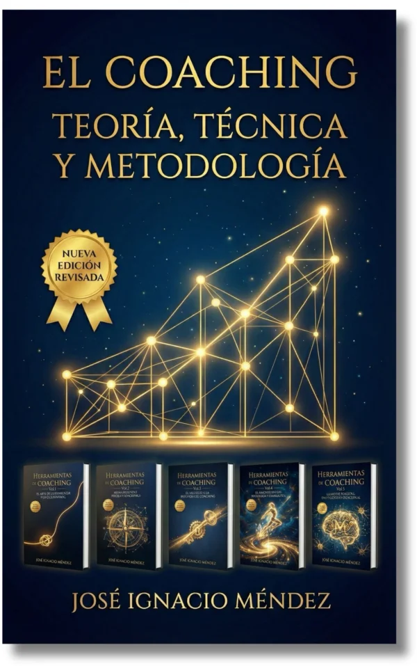 Cubierta del libro 'El Coaching' con gráficos dorados y cinco libros sobre coaching