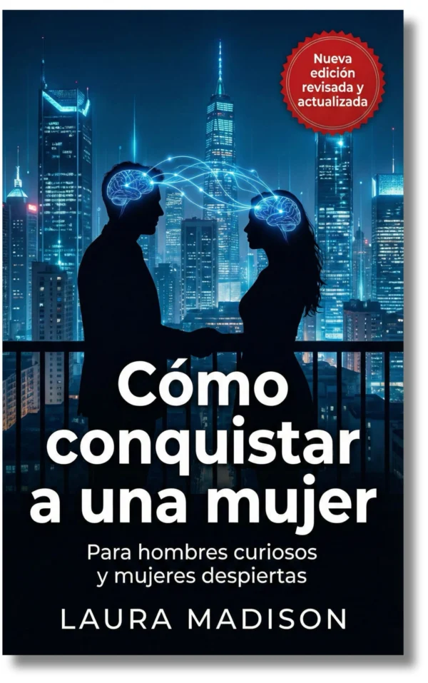 Silhuetas de un hombre y una mujer con conexiones mentales en un fondo urbano nocturno.