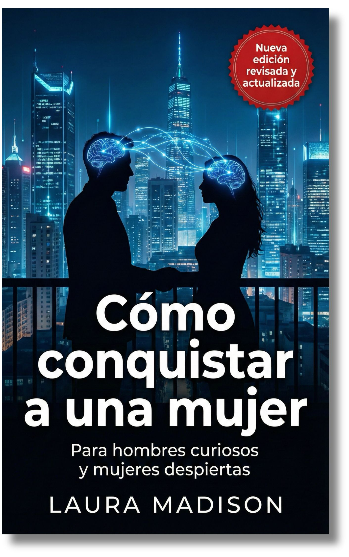 Silhuetas de un hombre y una mujer con conexiones mentales en un fondo urbano nocturno.