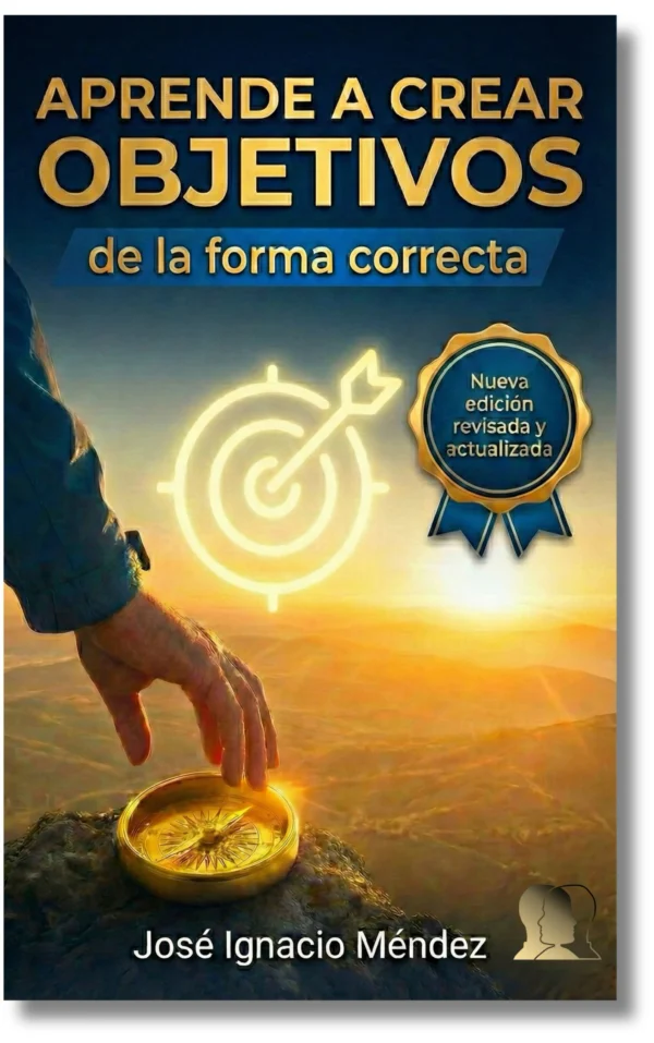 Portada de un libro sobre creación de objetivos con una brújula y un objetivo gráfico.