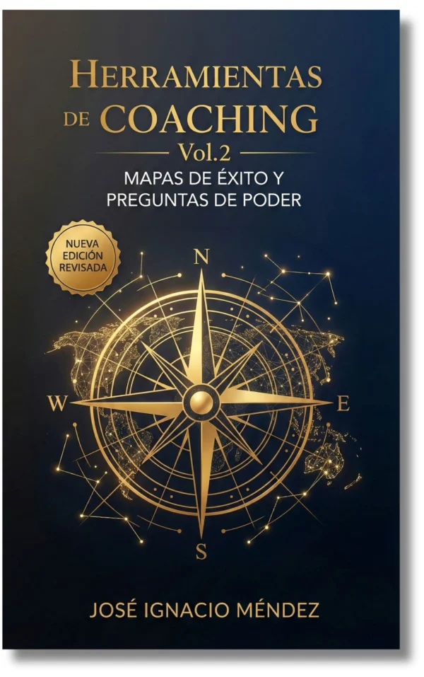Portada del libro 'Herramientas de Coaching Vol. 2' con brújula dorada y fondo azul.