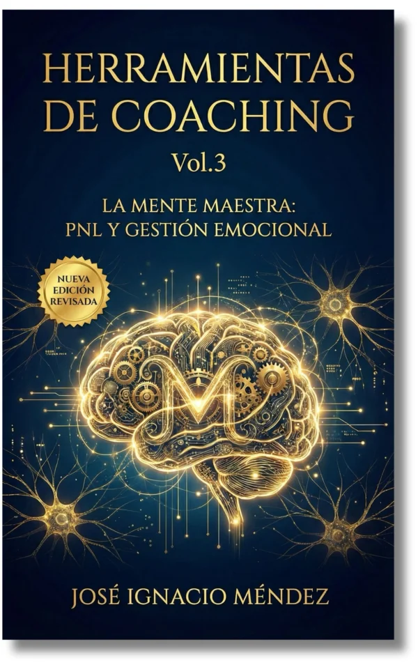 Portada del libro con un cerebro dorado y texto sobre coaching.