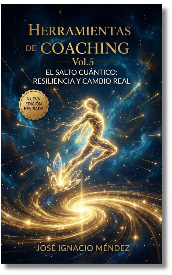 Portada de un libro titulado "Herramientas de Coaching Vol. 5" con una figura dorada en un fondo cósmico.