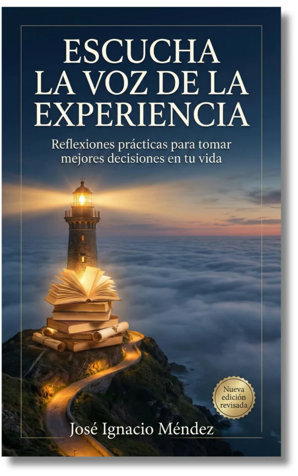 Portada de un libro sobre decisiones en la vida, con un faro y libros.